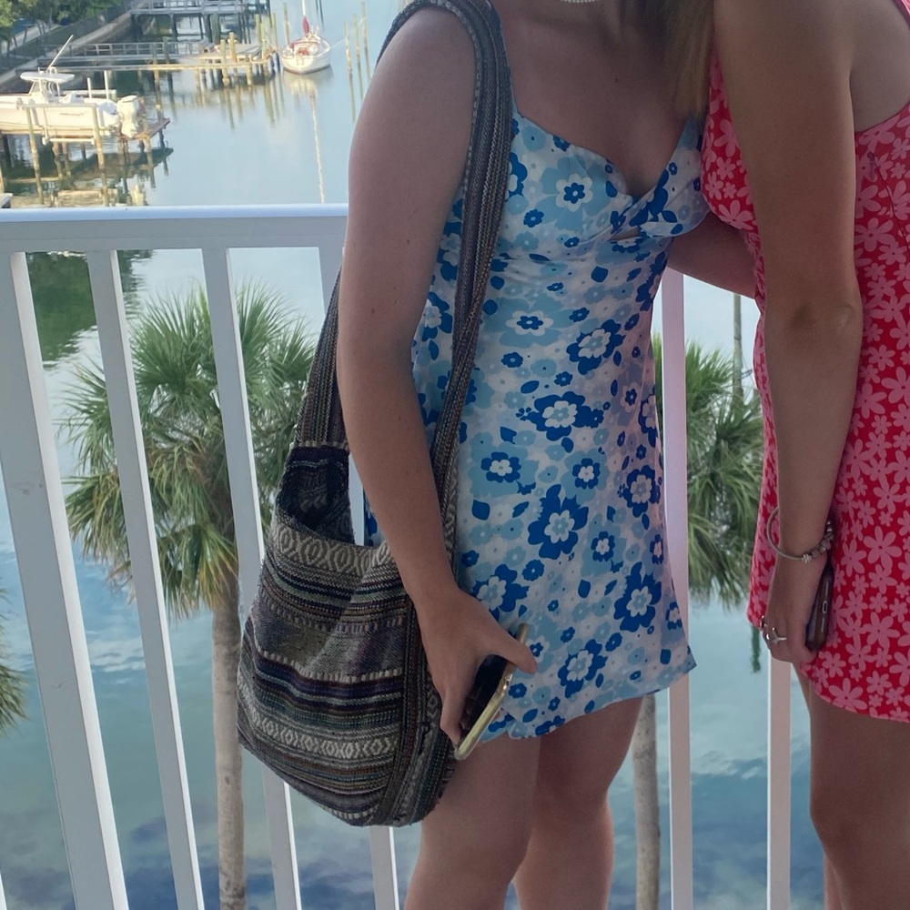 Floral silk mini blue dress, with open back.
literally worn it this one time. - Picture 2 of 3